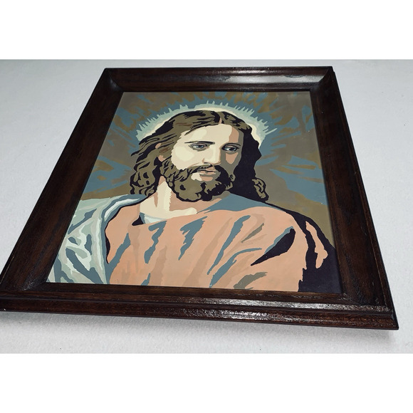 Vtg Jesus Paint By Number Art Completed Real Wood Frame PBN Painting 1958 Good - Picture 4 of 9